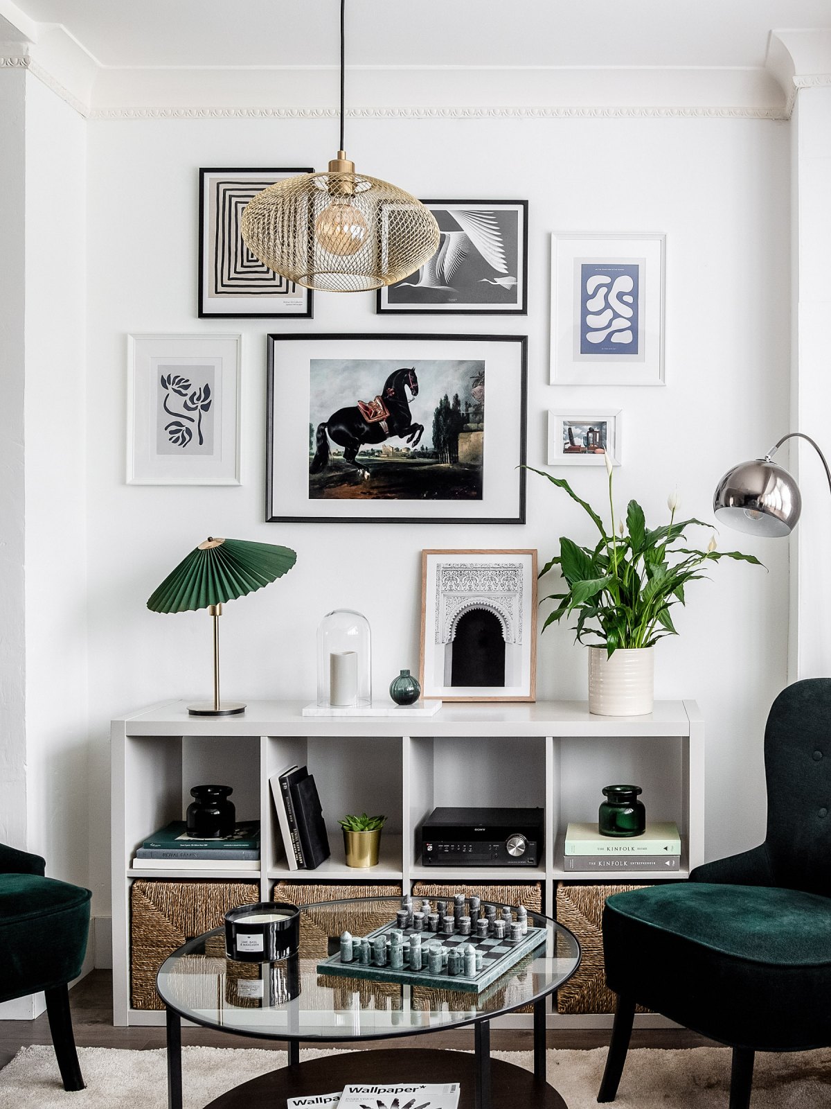 Art wall with horse, pleated lamp and marble chess board